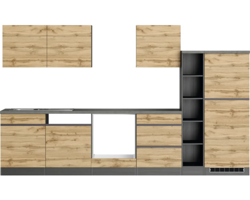 Küchenzeile mit Holzoptik und grauer Arbeitsplatte