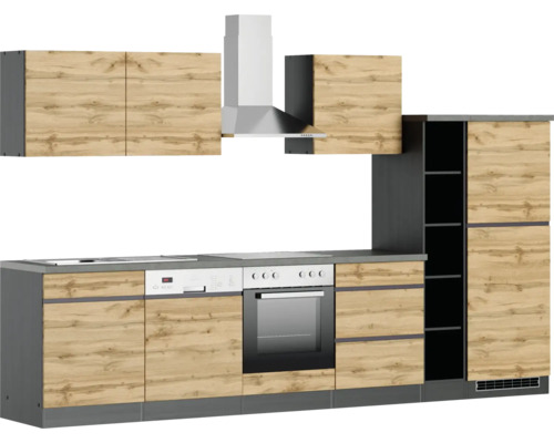 Küchenzeile mit Einbauschränken, Dunstabzugshaube und Elektrogeräten