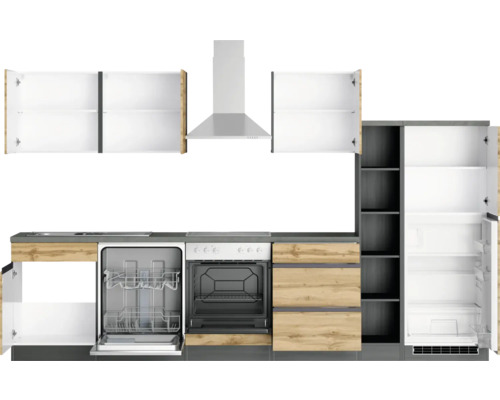 Komplette Küche mit Spülmaschine, Herd, Dunstabzugshaube und Kühlschrank