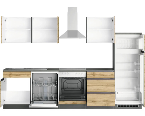 Moderne Küche mit Einbaugeräten, Arbeitsplatte und Hängeschränken
