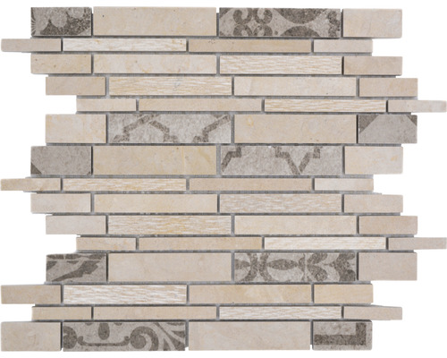 Keramikmosaik Marmor Verbund 27,0x30,0 cm beige matt Mosaikfliese mit länglichen Elementen und Muster