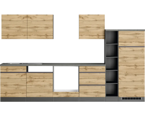 Küchenzeile mit Hängeschränken, Unterschränken und Regalen