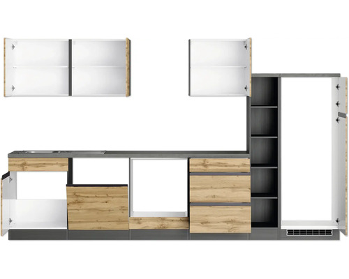 Küchenzeile mit Hängeschränken, Schubladen und Regalen