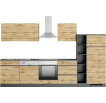 Küchenzeile mit Spüle, Geschirrspüler, Backofen, Dunstabzugshaube und Schränken