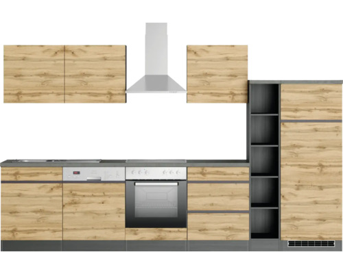 Küchenzeile mit Spüle, Geschirrspüler, Backofen, Dunstabzugshaube und Schränken