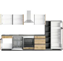 Küchenzeile mit Spülmaschine, Herd, Dunstabzugshaube und Kühlschrank