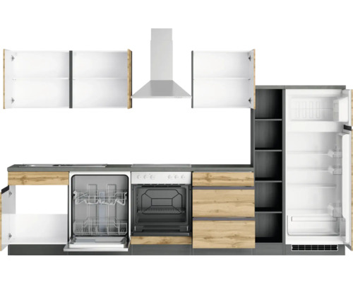 Küchenzeile mit Spülmaschine, Herd, Dunstabzugshaube und Kühlschrank