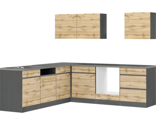 Winkelküche Held Möbel PISA 240 cm wildeiche matt/graphit Küchenzeile mit Spüle, Unterschränken und Hängeschränken im Holzdekor