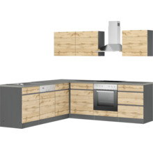 Moderne Einbauküche mit Dunstabzugshaube und Holzdekor