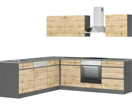 Moderne Einbauküche mit Dunstabzugshaube und Holzdekor