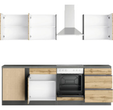 Küchenzeile mit Hängeschränken, Dunstabzugshaube und Elektroherd