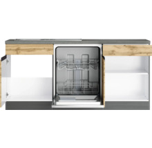 Küchenzeile mit offenem Geschirrspüler und Schränken