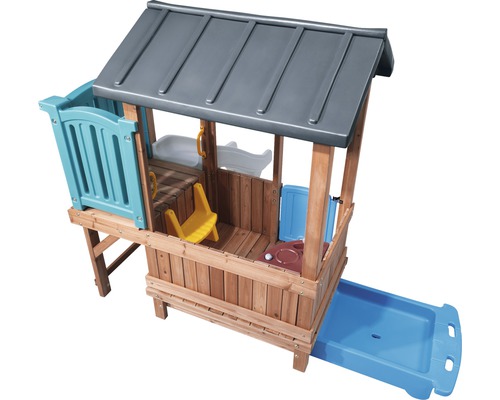 Spielhaus aus Holz mit Rutsche und Dach