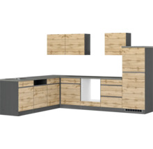 Moderne Einbauküche mit Holzdekor und grauen Elementen