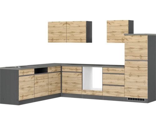 Winkelküche Held Möbel PISA 300 cm wildeiche matt/graphit Moderne Einbauküche mit Holzdekor und grauen Elementen