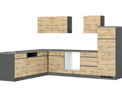 Winkelküche Held Möbel PISA 300 cm wildeiche matt/graphit Komplette Küchenzeile mit Spüle, Schränken und Holzdekor