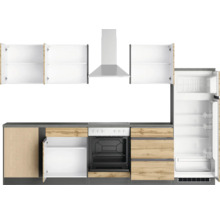 Küchenzeile mit Hängeschränken, Dunstabzugshaube, Herd und Kühlschrank