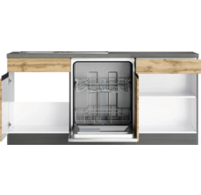 Küchenzeile mit Geschirrspüler und offenen Schränken