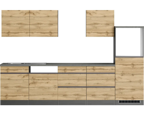 Küchenzeile mit Holzdekor und grauer Arbeitsplatte