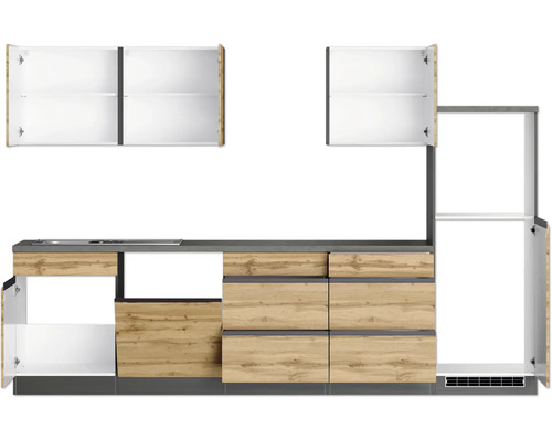 Küchenzeile mit Ober- und Unterschränken in Holzoptik und grauer Arbeitsplatte