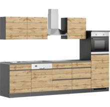 Küchenzeile mit Hängeschränken, Dunstabzugshaube, Spülmaschine und Backofen