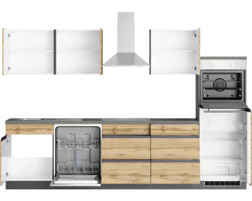 Komplette Küche mit Spülmaschine, Backofen, Kühlschrank, Dunstabzugshaube und Hängeschränken