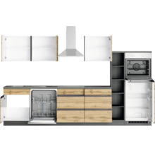 Küchenzeile mit Spülmaschine, Herd, Dunstabzugshaube, Regalen, Schränken und Kühlschrank