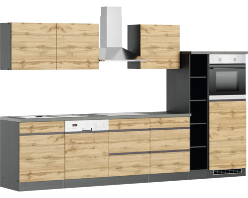 Komplette Küchenzeile mit Spüle, Spülmaschine, Herd, Dunstabzugshaube, Hängeschränken und Backofen