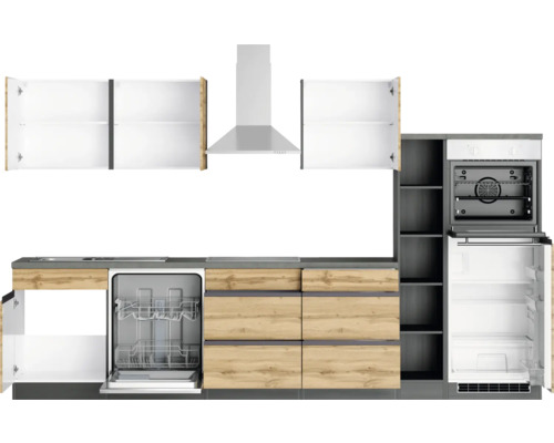 Küchenzeile mit Hängeschränken, Dunstabzugshaube, Spülmaschine, Herd, Backofen und Kühlschrank