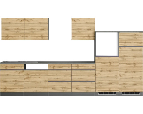 Küchenzeile mit Ober- und Unterschränken in Holzoptik