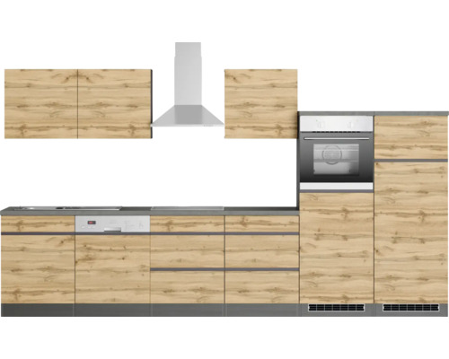 Küchenzeile mit Geschirrspüler, Backofen und Dunstabzugshaube