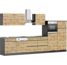 Küchenzeile mit Spüle, Geschirrspüler, Herd, Dunstabzugshaube, Hängeschränken und Backofen