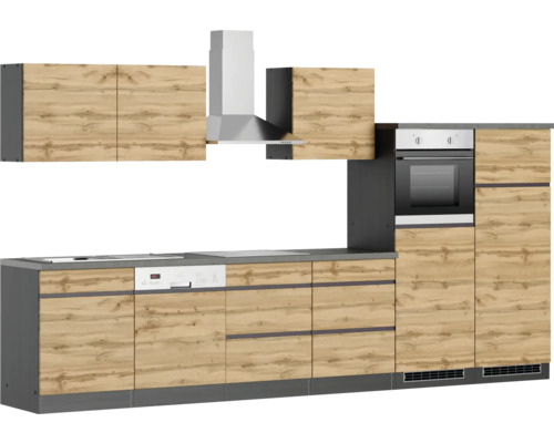 Küchenzeile mit Spüle, Geschirrspüler, Herd, Dunstabzugshaube, Hängeschränken und Backofen