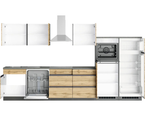Komplette Küchenzeile mit Geschirrspüler, Herd, Dunstabzugshaube und Kühlschrank