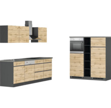 Moderne Küche mit Spüle, Kochfeld, Dunstabzugshaube und Backofen