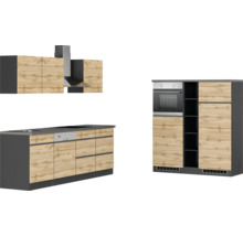 Küchenzeile mit Hängeschränken, Dunstabzugshaube, Spüle, Kochfeld, Geschirrspüler und Einbaubackofen