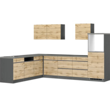 Moderne Küche mit grauen Elementen und Holzfronten