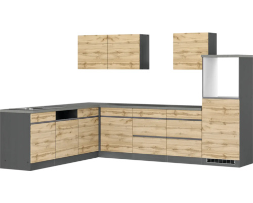 Winkelküche Held Möbel PISA 300 cm wildeiche matt/graphit Moderne Küche mit grauen Elementen und Holzfronten