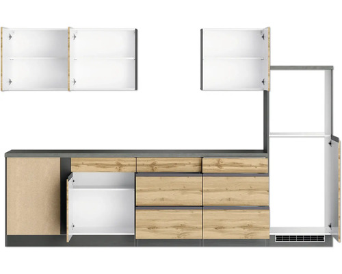 Küchenzeile mit Hängeschränken, Unterschränken und Schubladen