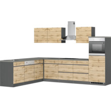 Komplette Küchenzeile mit Ober- und Unterschränken, Dunstabzugshaube und Einbaubackofen