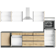 Küchenzeile mit Hängeschränken, Dunstabzugshaube, Herd und Kühlschrank