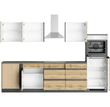 Küchenzeile mit Hängeschränken, Dunstabzugshaube, Backofen und Kühlschrank