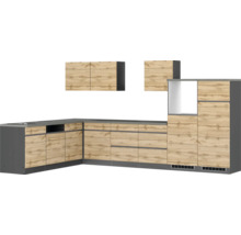 Komplette Küchenzeile mit Unterschränken, Arbeitsplatte, Spüle und Hängeschränken