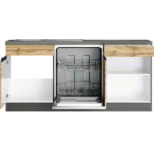 Küchenzeile mit offenem Geschirrspüler und Schränken