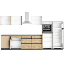 Komplette Küchenzeile mit Schränken, Schubladen, Dunstabzugshaube, Backofen und Kühlschrank