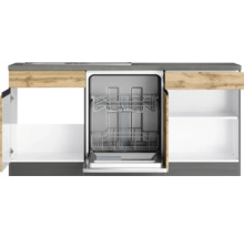 Küchenzeile mit offenem Geschirrspüler und Schränken