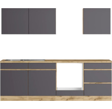 Küchenzeile mit Spüle, Kochfeld, Hängeschränken und Stauraum