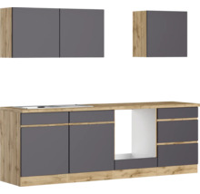 Küchenzeile mit Hängeschränken und Unterschränken in Holzoptik und Grau