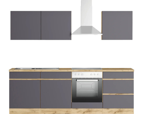 Küchenzeile mit Spüle, Kochfeld, Backofen und Dunstabzugshaube