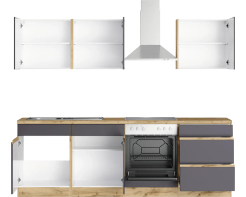 Küchenzeile mit Spüle, Kochfeld, Backofen und Dunstabzugshaube